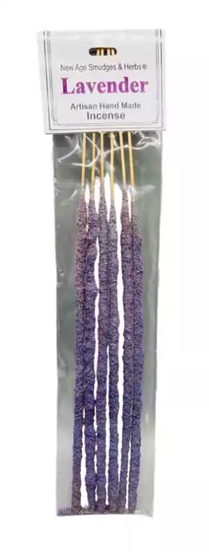 Package of lavender incense sticks: six purple hand made sticks with bamboo ends in a clear sleeve with a white label.