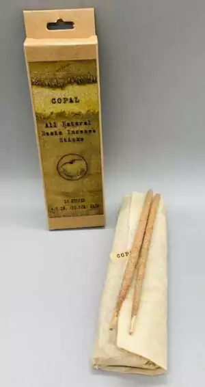 Natural copal resin incense sticks 10-pack in simple eco packaging — sacred Mesoamerican ritual incense for purification and ancestor work.