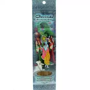 Govinda incense packaging with Krishna and Radha illustration in traditional Indian style, Govinda brand name prominently displayed in colorful design