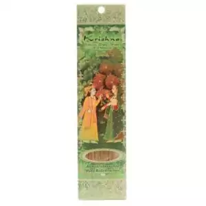 Krishna incense packaging featuring a colorful traditional Indian illustration of two figures in a lush garden, cultural devotional artwork