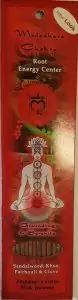 Muladhara root chakra incense stick 10-pack — Prabhuji's Gifts colorful packaging showing meditating figure, chakra symbol, and sandalwood patchouli scent description.