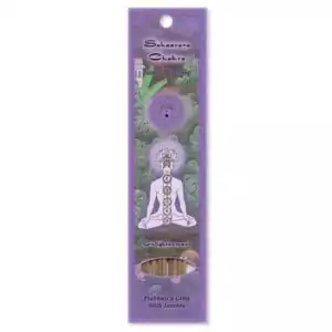 Sahasrara crown chakra incense packaging in purple with meditating figure and chakra symbols, emphasizing spiritual transcendence and relaxation