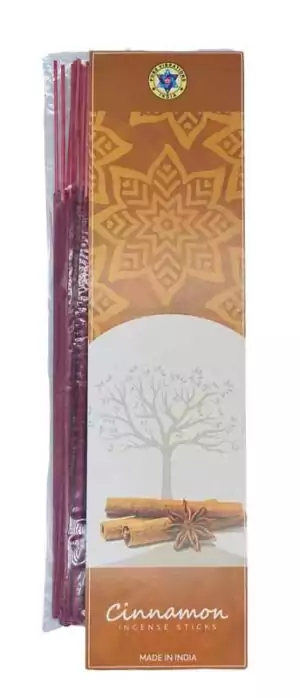 Package of Pure Vibrations cinnamon incense sticks with decorative tree-motif label, 20 hand-rolled sticks made in India for fire magic rituals.