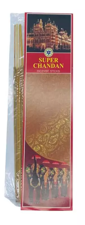 Pure Vibrations Super Chandan incense sticks 20 pack — sacred sandalwood-blend fragrance for meditation, devotion, and temple-inspired ritual atmosphere.