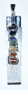 Raw white selenite rough pendant with seven colored chakra gemstone chips for full chakra alignment and crystal necklace jewelry
