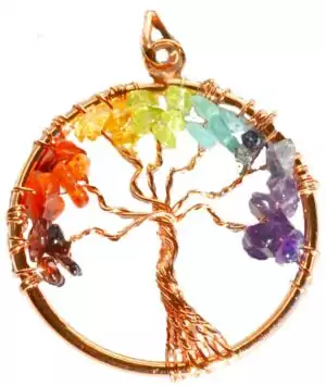 Circular copper wire Tree of Life pendant with colorful rainbow-spectrum gemstone chip leaves representing the seven chakras.