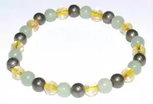 Aventurine, Citrine and Pyrite 6mm stretch bracelet showing alternating green, yellow, and gold-flecked beads — triple prosperity stone jewelry.