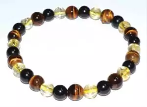 6mm tiger eye, citrine, and black tourmaline bead bracelet with golden, yellow, and black crystal beads for abundance and protection
