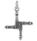 Sterling silver Brigid's cross pendant featuring a woven cross design with a spiral motif at center and a loop bail for chain attachment