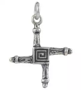Sterling silver Brigid's cross pendant featuring a woven cross design with a spiral motif at center and a loop bail for chain attachment