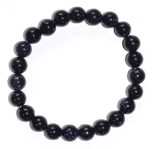 An 8mm blue goldstone beaded bracelet showing deep navy glass beads with copper sparkle inclusions creating a galaxy effect, as metaphysical spiritual jewelry.