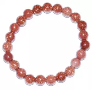 An 8mm elastic beaded goldstone bracelet showing deep brown glass beads with glittering copper fleck inclusions creating a sparkling starfield effect.
