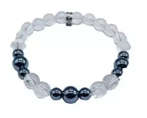 8mm terahertz and quartz beaded stretch bracelet with metallic-gray terahertz stone for electromagnetic protection and energetic shielding wear.