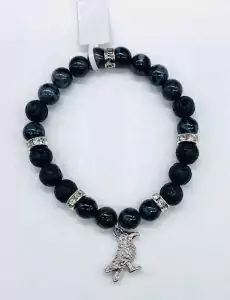 8mm beaded bracelet featuring dark blue-black gabbro and lava stones interspersed with silver accents and a small silver raven charm.