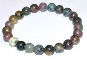 8mm apatite and ruby bead bracelet on stretch cord with blue-green apatite alternating with deep red ruby gemstone beads