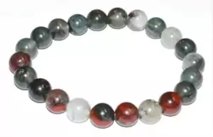8mm bloodstone seftonite bead bracelet on stretch cord showing dark green stone with distinctive red jasper fleck inclusions