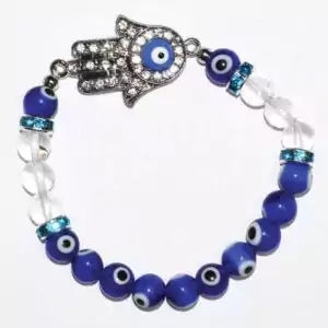 8mm evil eye and clear quartz bracelet with hamsa hand charm for triple protection and spiritual shielding
