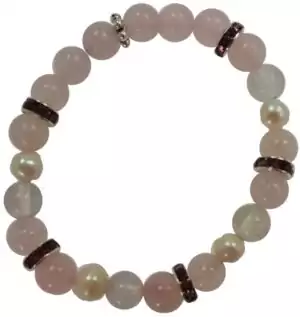 8mm rose quartz and clear quartz bracelet featuring pink and transparent beads with faceted spacers and a pearl-like accent bead on elastic cord