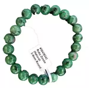 Ruby zoisite elastic bracelet with round green natural stone beads ranging 5–8mm in size, displayed with a small identifying tag