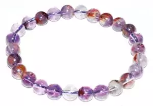 8mm Super 7 round bead bracelet on stretch cord showing purple, amber, and clear mineral inclusions in polished stone beads