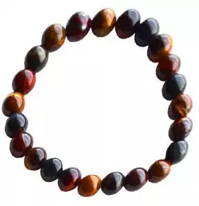 8mm tiger eye bracelet of round polished brown and gold banded stone beads, arranged in circular form on white background