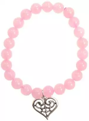Rose quartz bracelet with smooth pink natural beads and a silver Celtic knot heart charm, displayed in circular form on white background
