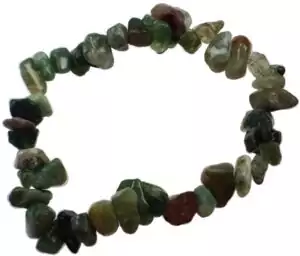 Bloodstone chip bracelet with natural dark green and red-spotted gemstone chips on elastic string, root chakra vitality and protective grounding crystal chip bracelet.