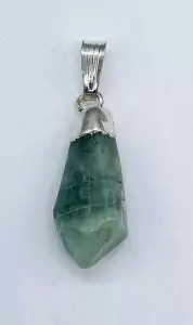 Green fluorite faceted diamond-cut crystal pendant with silver cap for necklace wear supporting heart chakra clarity focus and spiritual style