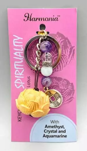 Yellow zinc alloy lotus flower keychain featuring the Buddhist sacred symbol of purity and spiritual renewal for daily talisman carry