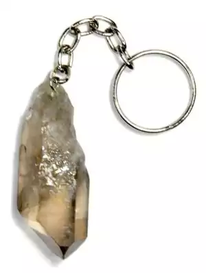 Smoky quartz keychain with translucent brown-grey crystal point attached to a silver metal key ring — grounding protection crystal carry charm.