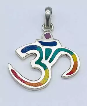 1 3/4-inch colorful silver Om symbol pendant showing the Aum sacred geometry character with decorative enamel or metalwork detail.
