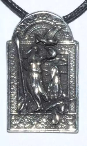 Pewter Morrigan pendant depicting Celtic crow goddess of sovereignty fate and battle for devotional amulet wear shadow work and Celtic paganism