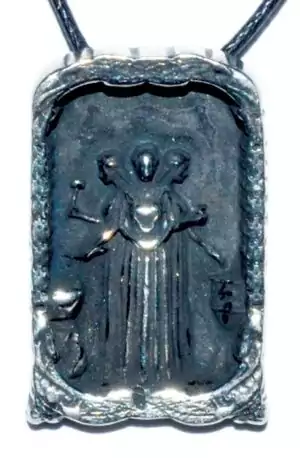 Pewter Saint Brigid pendant depicting the Celtic goddess of healing poetry and fire for devotional amulet wear Celtic pagan and Wiccan practice