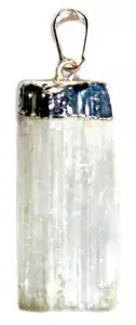 Silver-bailed rectangular raw selenite crystal pendant with natural translucent white fibrous texture and polished metal top setting.