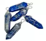 Five blue crystal pendants wrapped in silver wire, showcasing a variety of shades and textures. The crystals are arranged in a slightly overlapping manner.