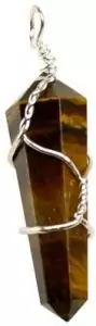Set of 5 tiger eye crystal point pendants in wire-wrapped settings, golden chatoyant stone for courage, clarity, and solar plexus empowerment necklace wear.