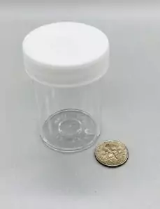 A small 0.5 oz clear plastic jar with white screw-top lid, shown empty for apothecary, herb storage, and ritual supply use.