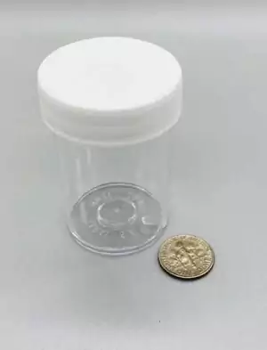 A small 0.5 oz clear plastic jar with white screw-top lid, shown empty for apothecary, herb storage, and ritual supply use.