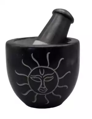 Sun Soapstone Mortar and Pestle 3 inch set β grey soapstone grinding bowl with sun engraving and matching pestle for ritual herb blending.