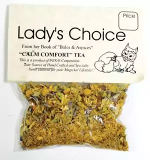Calm Comfort Moon Water Element ritual herbal tea blend in kraft packaging, loose-leaf botanicals for emotional calming and moon-aligned ritual tea ceremonies.