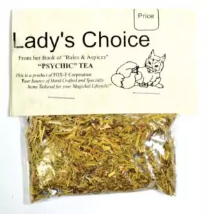 Psychic Tea Third Eye Ritual loose-leaf herbal blend in kraft packaging, botanicals for clairvoyance and divination practice ritual tea ceremonies.