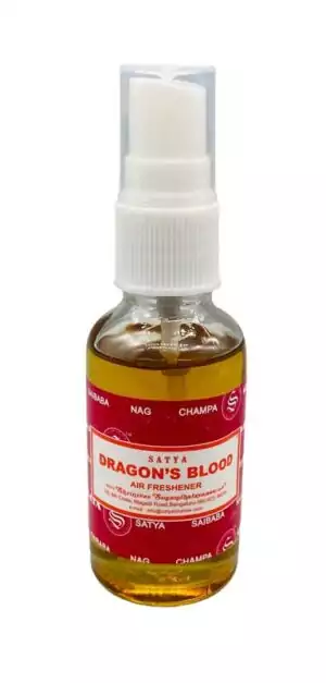 Satya Dragon's Blood Air Freshener 30ml spray bottle — rich resinous protective room spray for sacred space, ritual consecration, and daily use.