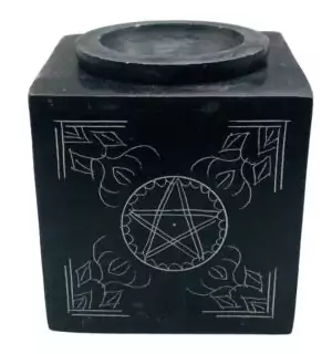 3-inch square carved soapstone oil diffuser with pentagram symbol — Wiccan altar aromatherapy burner for essential oils and ritual use.