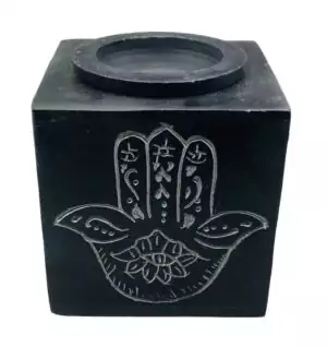 3-inch square carved soapstone oil diffuser with hand motif — natural stone aromatherapy burner for essential oils on altar and meditation spaces.