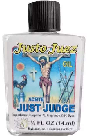Clear Just Judge ritual oil bottle featuring a Justo Juez crucifixion illustration with a rooster and religious symbols — 4-dram Brybradan court case oil.