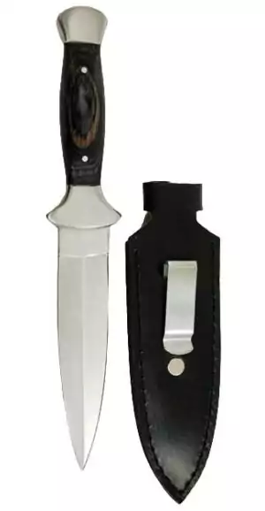 Black Wood Handle Athame 9 inch β leaf-shaped stainless steel ritual blade with black faux-wood handle and storage sheath for Wiccan altar work and circle casting.