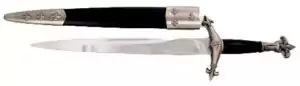Fleur de lis medieval athame — ornate ceremonial ritual blade with heraldic handle design in a dark metal finish for Wiccan circle casting and energy direction.