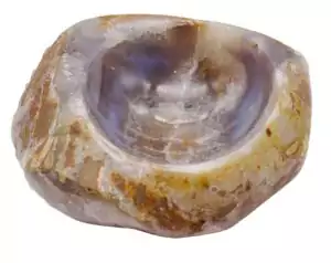 Natural agate offering bowl in 4-6 inch polished stone with smooth concave interior and banded natural agate exterior.
