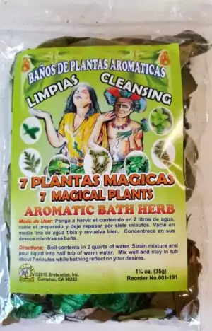 A packet of 7 Magical Plants aromatic bath herbs showing a mixed dried herb blend used in Latin folk magic and hoodoo for spiritual cleansing and blessing ritual baths.