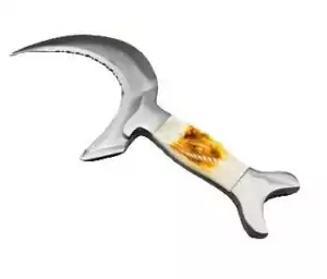 A druidic boline ritual knife with a curved blade and handle, displayed alongside its protective brown leather sheath on a plain background.